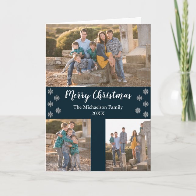 Navy Blue Silver Snowflake Christmas Collage Photo Holiday Card (Front)