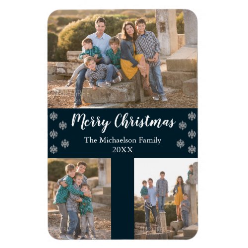 Navy Blue Silver Snowflake Christmas Collage Photo Magnet