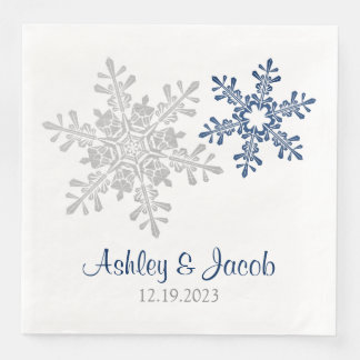 Navy Blue Silver Snowflake Wedding Paper Dinner Napkins