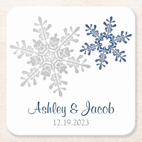 Navy Blue Silver Snowflake Wedding  Square Paper Coaster