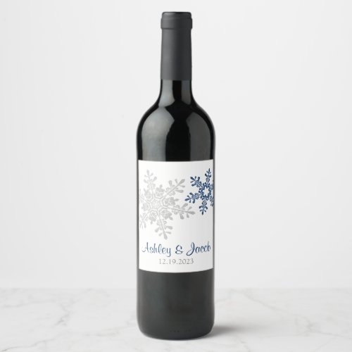 Navy Blue Silver Snowflake Wedding  Wine Label