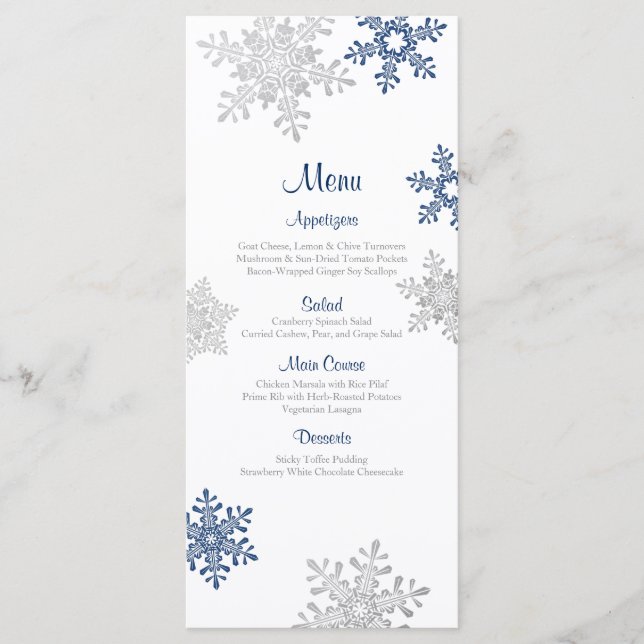 Navy Blue Silver Snowflake Winter Wedding Menu (Front)