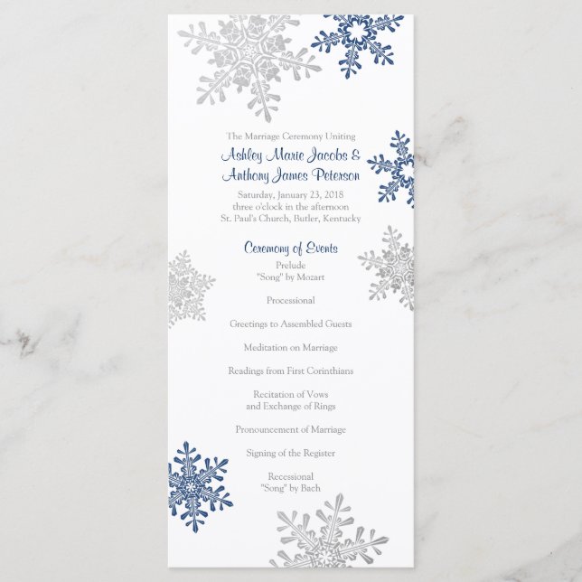 Navy Blue Silver Snowflake Winter Wedding Program (Front)