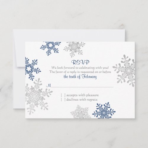 Navy Blue Silver Snowflake Winter Wedding RSVP