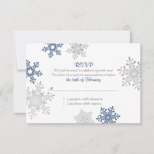 Navy Blue Silver Snowflake Winter Wedding RSVP Card