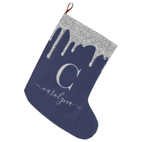 Navy Blue Silver Sparkle Glitter Drips Monogram Large Christmas Stocking