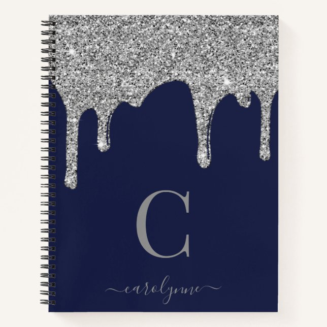 Navy Blue Silver Sparkle Glitter Drips Monogram Notebook (Front)