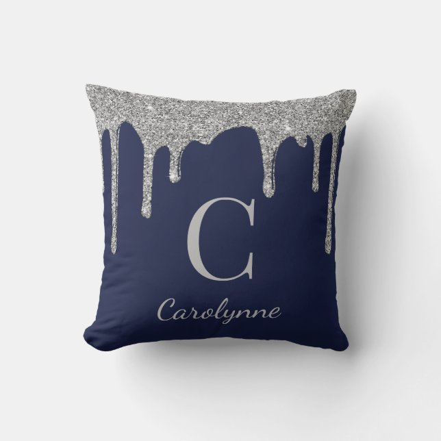Navy Blue Silver Sparkle Glitter Drips Monogram Throw Pillow (Front)