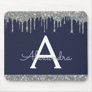 Navy Blue Silver Sparkle Glitter Monogram Mouse Pad