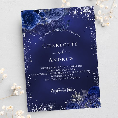 Navy blue silver sparkles floral luxury wedding invitation