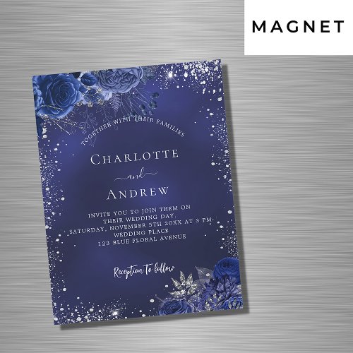 Navy blue silver sparkles floral luxury wedding magnetic invitation