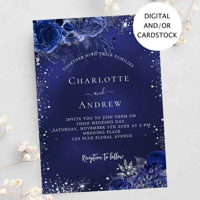 Navy blue silver sparkles floral wedding invitation (Creator Uploaded)