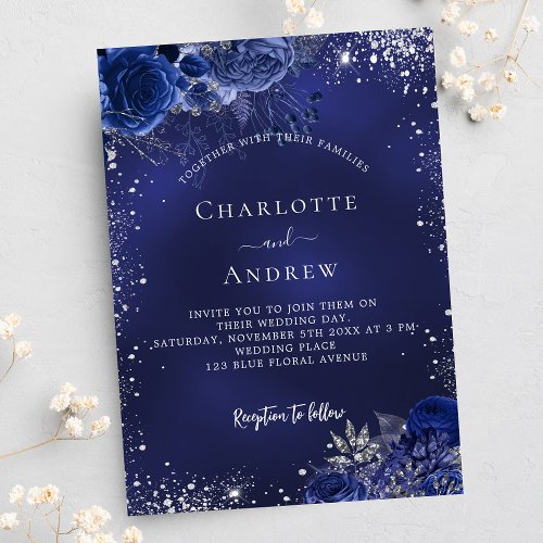 Navy blue silver sparkles floral wedding invitation postcard