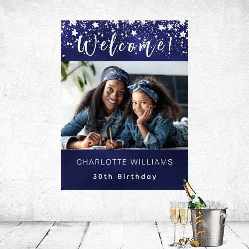 Navy blue silver star photo birthday party welcome poster