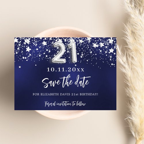 Navy blue silver stars 21st birthday save the date
