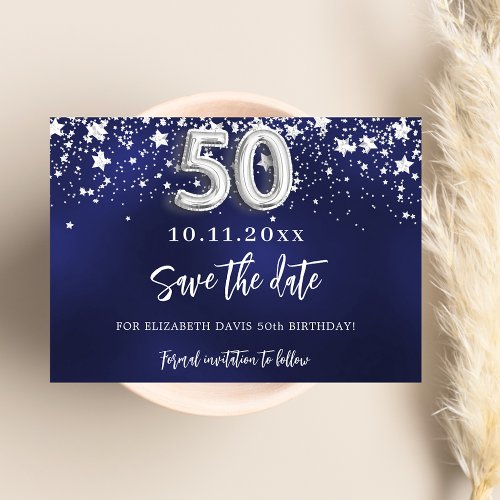 Navy blue silver stars 50th birthday save the date