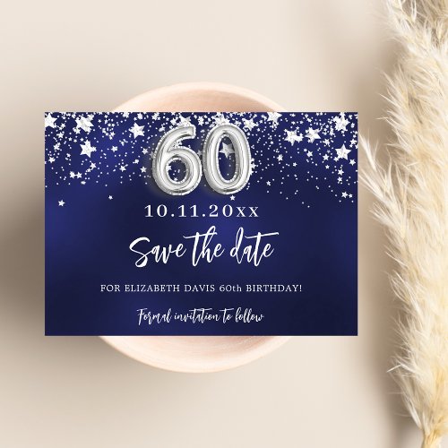 Navy blue silver stars 60th birthday save the date