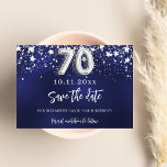 Navy blue silver stars 70th birthday save the date<br><div class="desc">A modern and elegant Save the Date for a 70th birthday part.   A navy blue background decorated with faux silver stars. Personalize and add a date and name. The blue color is uneven.  The text: Save the Date is written with a large trendy hand lettered style script.</div>