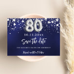 Navy blue silver stars 80th birthday save the date<br><div class="desc">A modern and elegant Save the Date for a 80th birthday part.   A navy blue background decorated with faux silver stars. Personalize and add a date and name. The blue color is uneven.  The text: Save the Date is written with a large trendy hand lettered style script.</div>