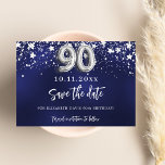 Navy blue silver stars 90th birthday save the date<br><div class="desc">A modern and elegant Save the Date for a 90th birthday part.   A navy blue background decorated with faux silver stars. Personalize and add a date and name. The blue color is uneven.  The text: Save the Date is written with a large trendy hand lettered style script.</div>