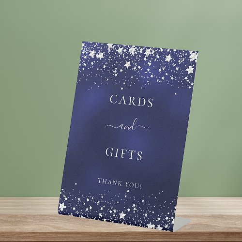 Navy blue silver stars cards gifts pedestal sign