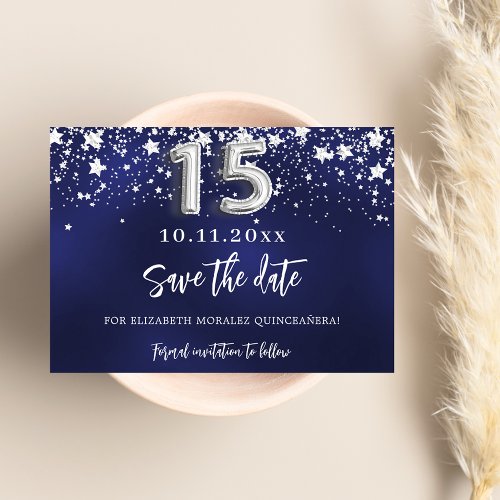 Navy blue silver stars Quinceanera Save The Date