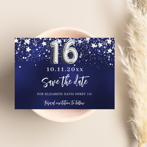 Navy blue silver stars Sweet 16 Save The Date