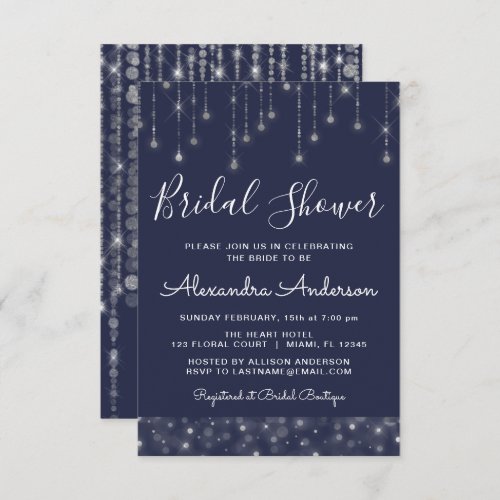 Navy Blue Silver String Lights Bridal Shower Invitation