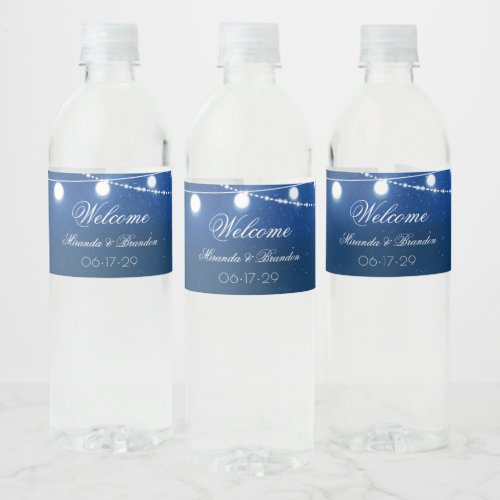 Navy Blue  Silver String Lights Country Wedding Water Bottle Label