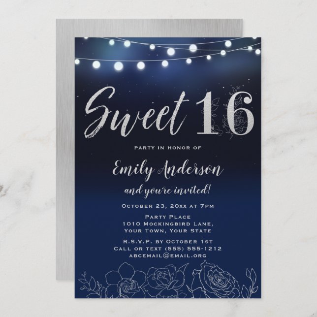 Navy Blue Silver String Lights Floral Sweet 16 Invitation (Front/Back)