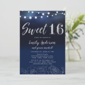 Navy Blue Silver String Lights Floral Sweet 16 Invitation (Standing Front)