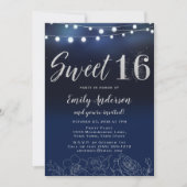 Navy Blue Silver String Lights Floral Sweet 16 Invitation (Front)
