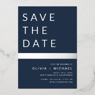 Navy Blue Silver Stripe Save the Date Elegant Foil Invitation