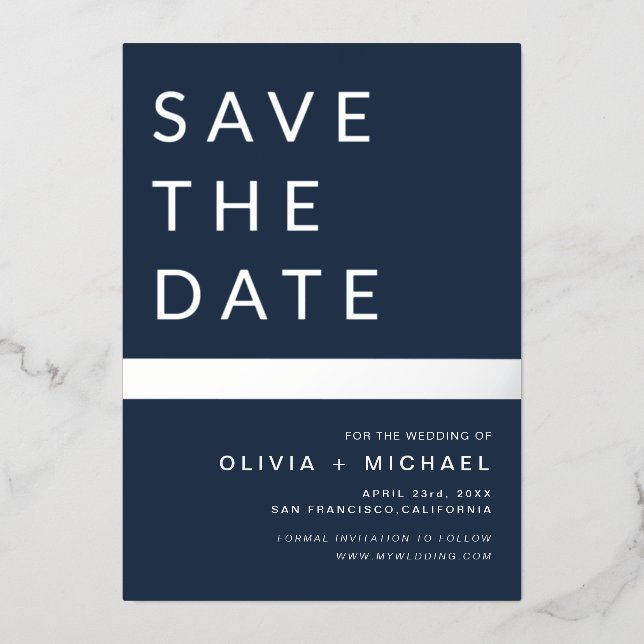 Navy Blue Silver Stripe Save the Date Elegant  Foil Invitation (Front)