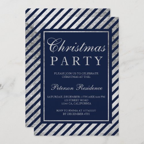 Navy blue silver stripes corporate Christmas Invitation