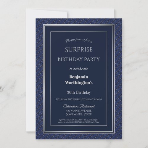 Navy Blue Silver Surprise 30th Birthday Party Invitation