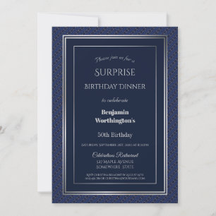 Navy Blue Silver Surprise 50th Birthday Dinner Invitation
