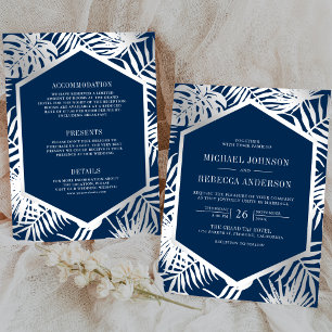 Navy Blue Silver Tropical Palm All in One Wedding Invitation