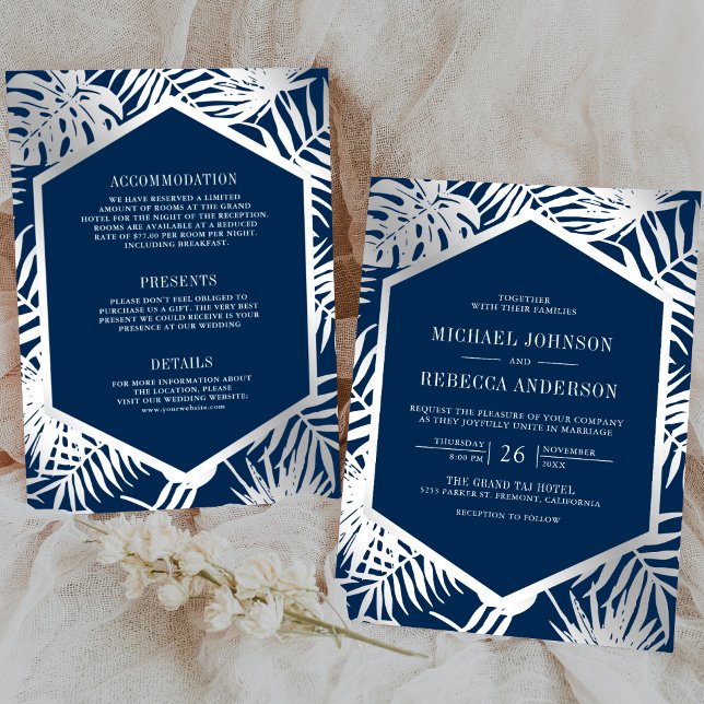 Navy Blue Silver Tropical Palm All in One Wedding Invitation (Creator Uploaded)