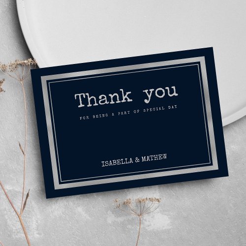 Navy blue silver typewriter font rustic Thank You  Invitation