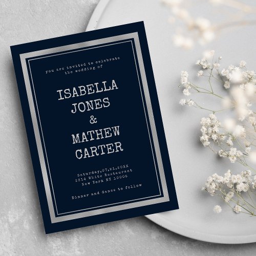 Navy blue silver typewriter font rustic wedding invitation