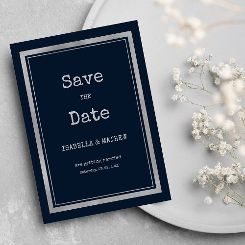 Navy blue silver typewriter font Save the Date Invitation
