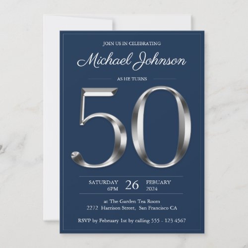 Navy Blue Silver Typography 50th Birthday Party Invitation
