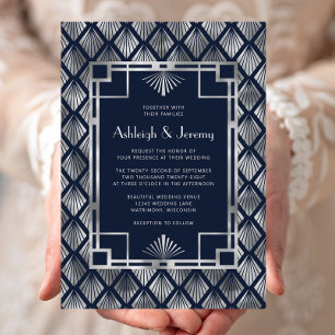 Navy Blue Silver Vintage Deco Pattern Wedding Invitation