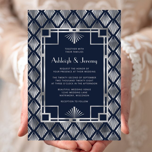Navy Blue Silver Vintage Deco Pattern Wedding Invitation (Creator Uploaded)