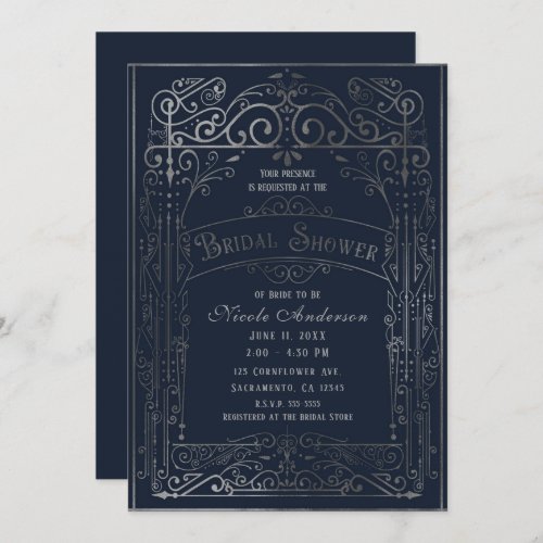 Navy Blue  Silver Vintage Victorian Bridal Shower Invitation