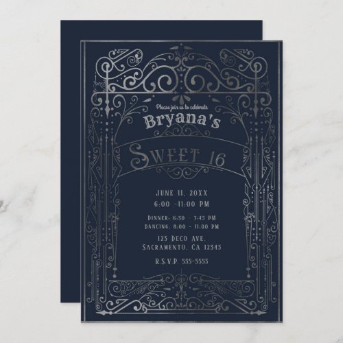 Navy Blue  Silver Vintage Victorian Deco Sweet 16 Invitation