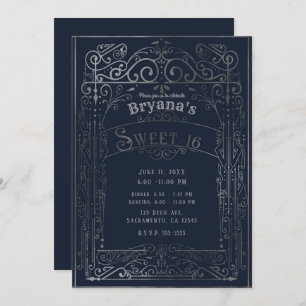 Navy Blue & Silver Vintage Victorian Deco Sweet 16 Invitation