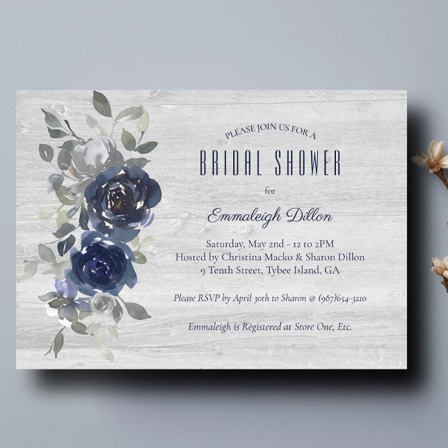 Navy Blue Silver Watercolor Floral Bridal Shower Invitation (Creator Uploaded)