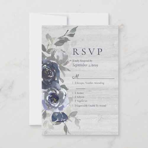 Navy Blue Silver Watercolor Floral RSVP Wedding